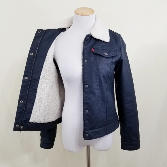 Levi's sherpa leather trucker jacket navy blue size XS (missing cuff snap) - Picture 4 of 8